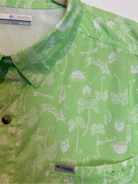Columbia PFG Men’s XXL Fishing Shirt Vented Lime Green Palm Tree Island Fish